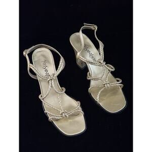 Yves Saint Laurent Braided Leather Gold Chunky Heel Open Toe Sandal 7.5